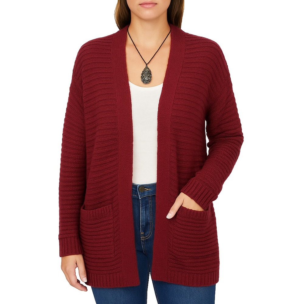 Olivia Sky Burgundy Open Front Knit Cardigan Womens L Soft Cozy Pocket Sweater‎